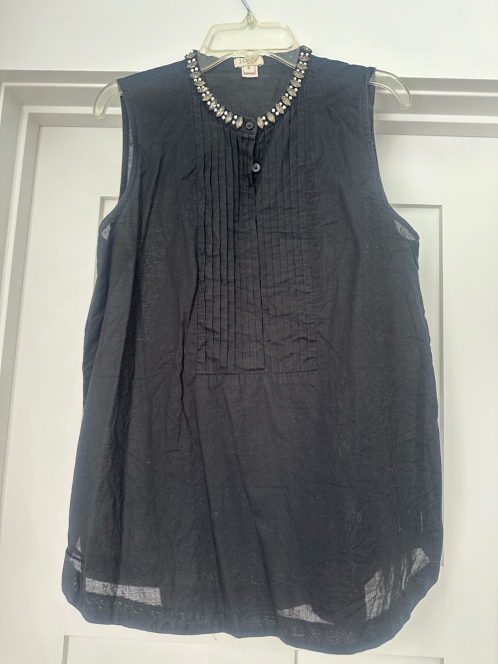 J. Crew Black Sleeveless Bejeweled Neck Pintuck Camisole